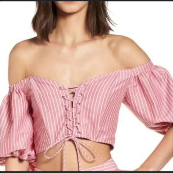 Wayf Tops - WAYF Blouse‎ Top Women Sz XS  PinkStriped Lace Up Milkmaid Coquette Corset